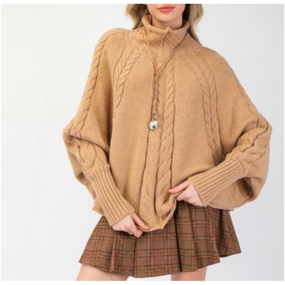 Easel Tan Mock knit Chunky Cable Knit Dolman Sweater Top